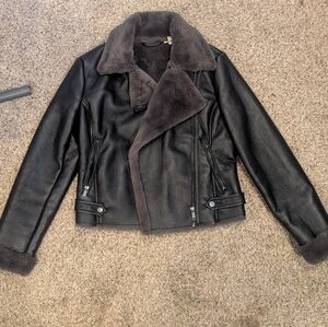 a.n.a Black Leather Jacket with Brown Shearling
